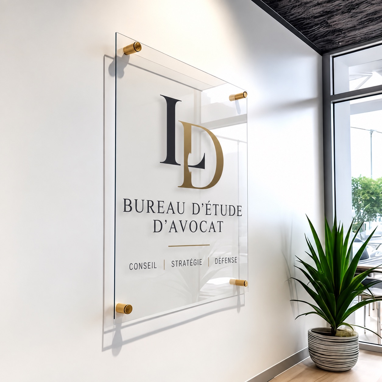 Plaque en plexiglas et logo dans une étude professionnelle
