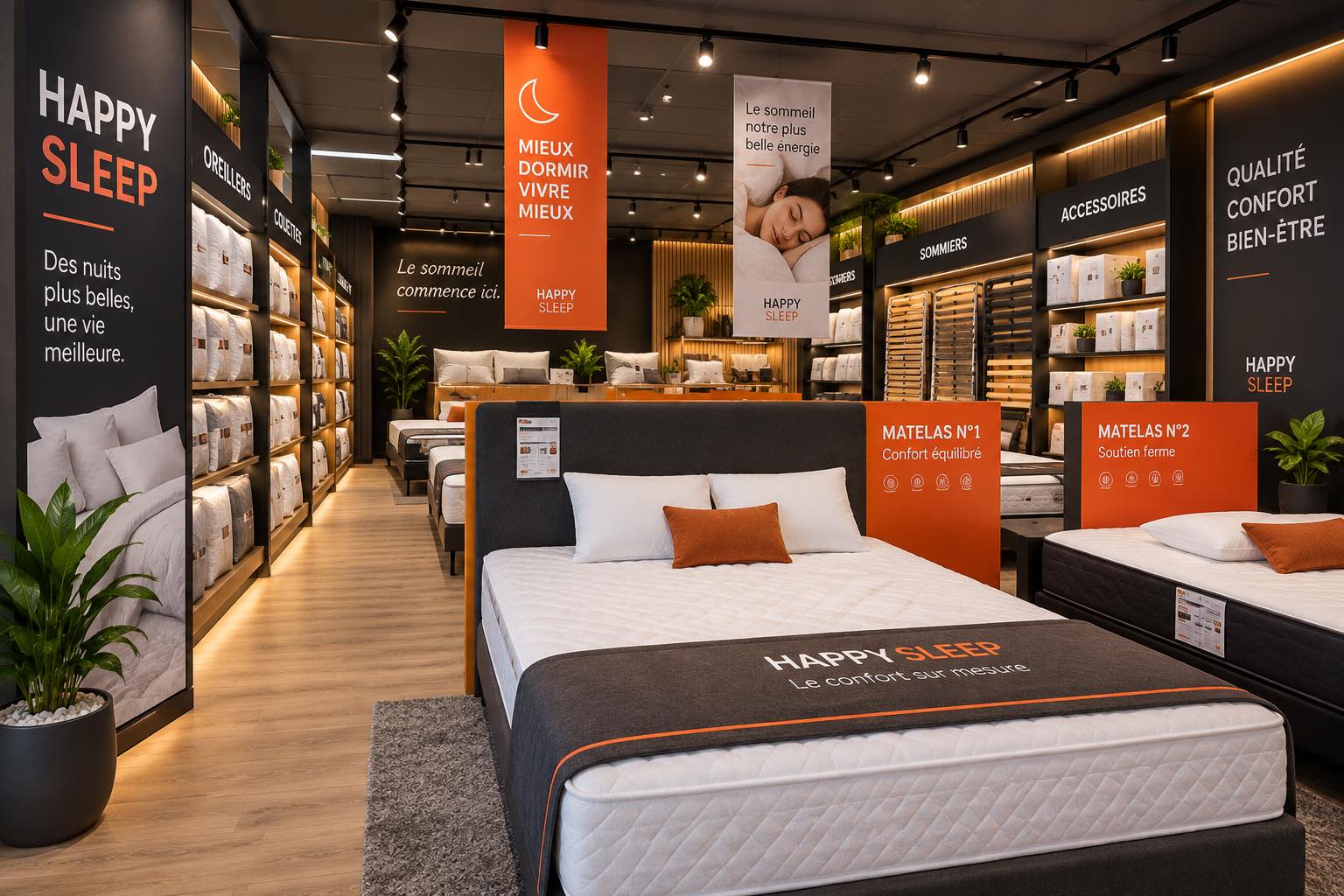 Signalétique et supports publicitaires dans un magasin de literie