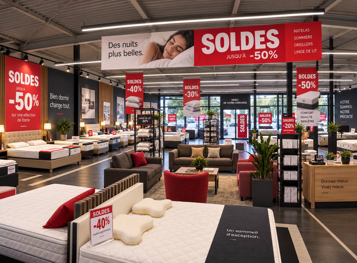 Aménagement publicitaire intérieur avec panneaux suspendus