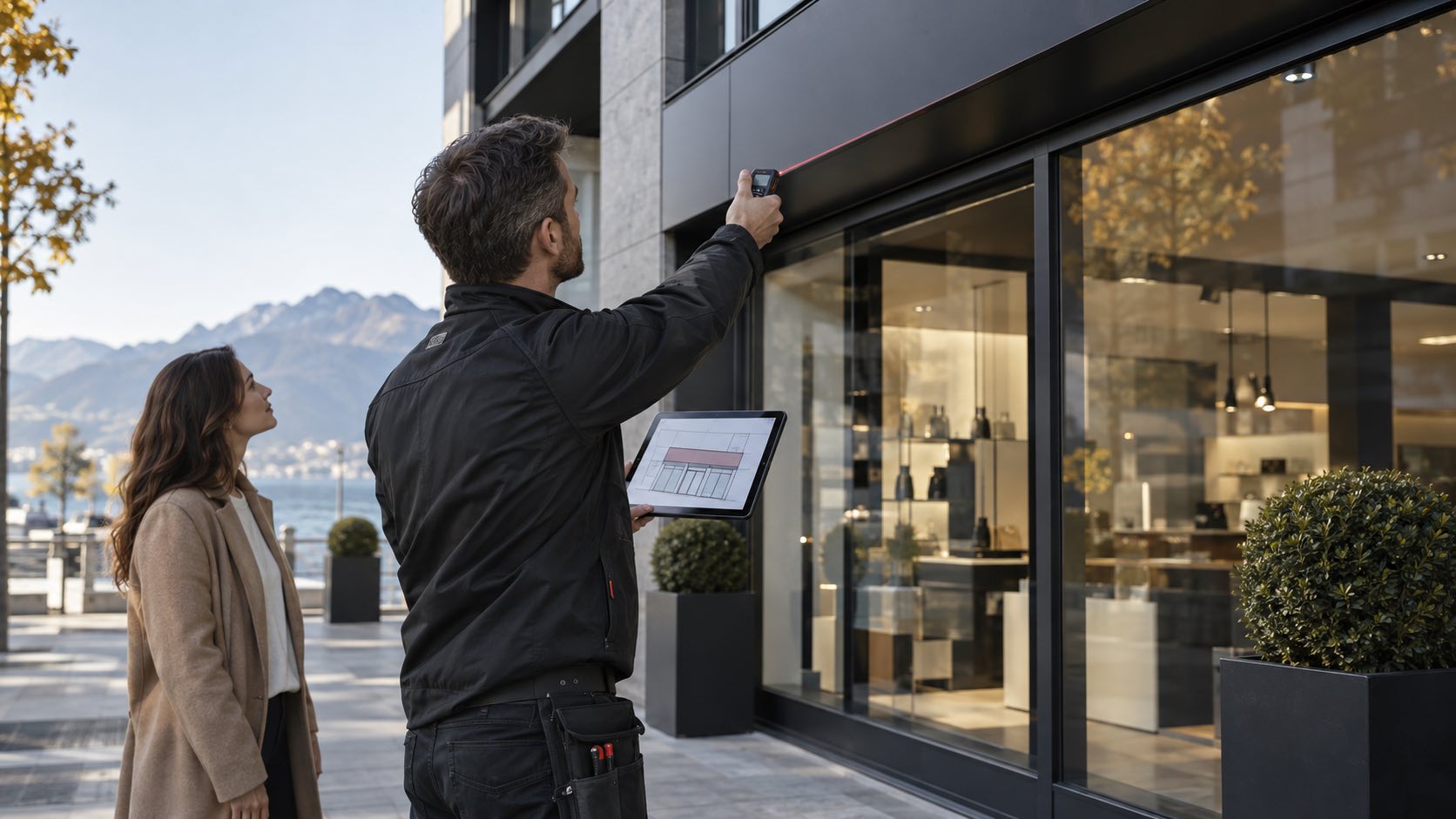 Professionnel réalisant la prise de mesures d’une façade avant la conception d’une enseigne