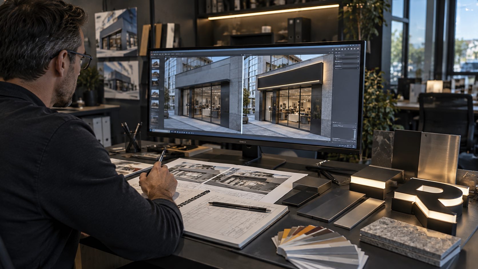 Simulation visuelle d’une enseigne sur une façade avant sa fabrication et son installation