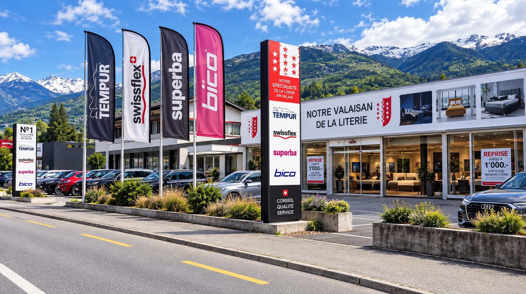Drapeaux publicitaires et totem extérieur devant un commerce