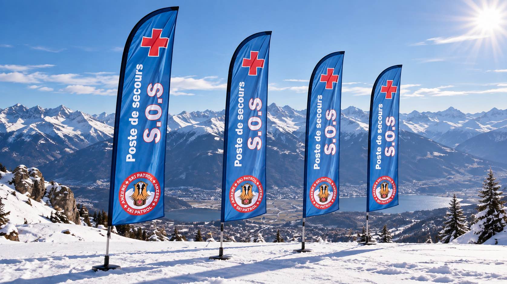 Drapeaux publicitaires personnalisés devant un commerce