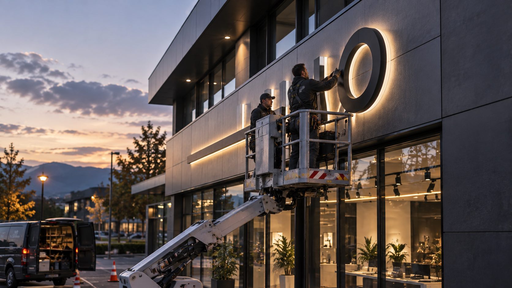 Installation d’une enseigne lumineuse grand format sur la façade d’un bâtiment commercial