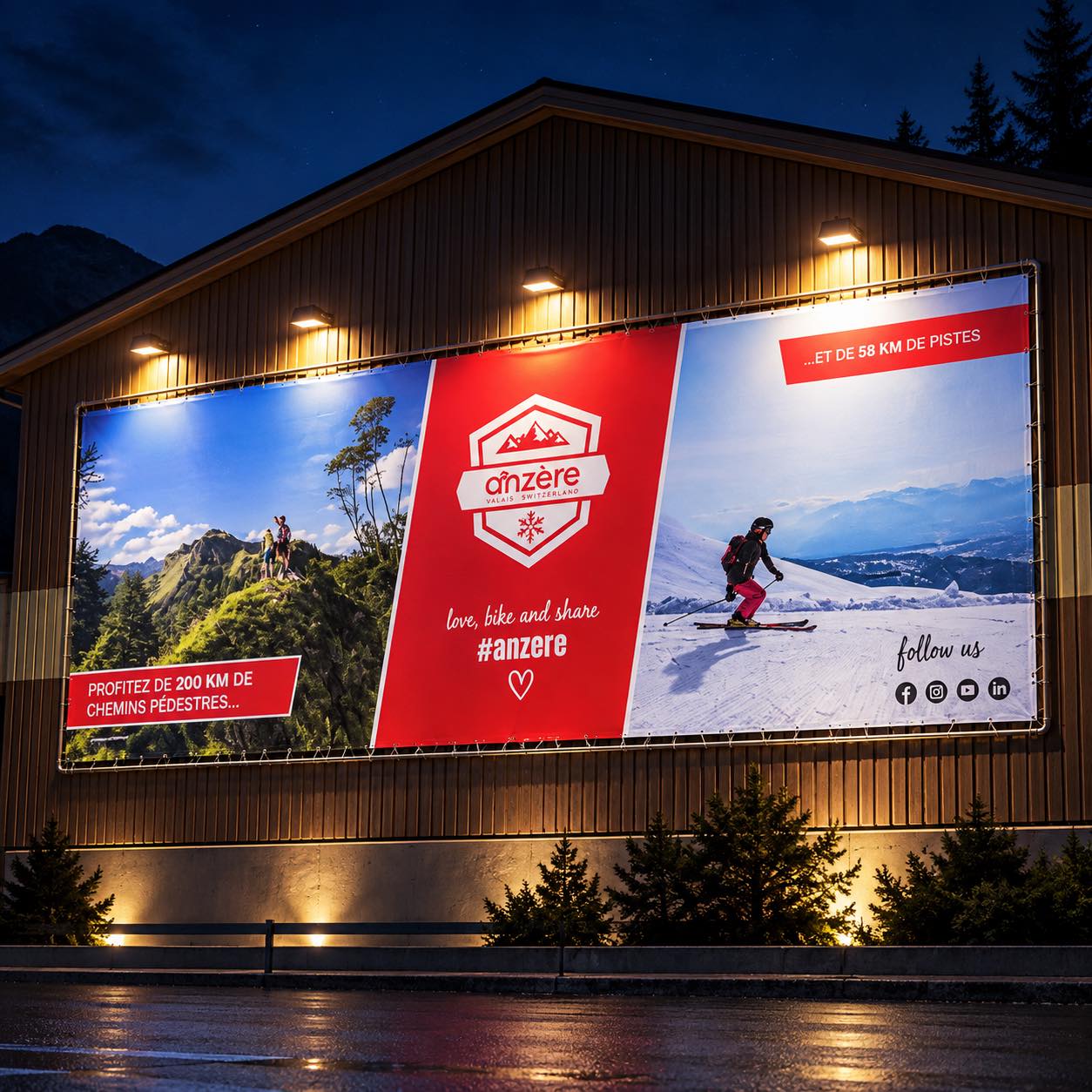 Bâche publicitaire grand format installée sur une façade