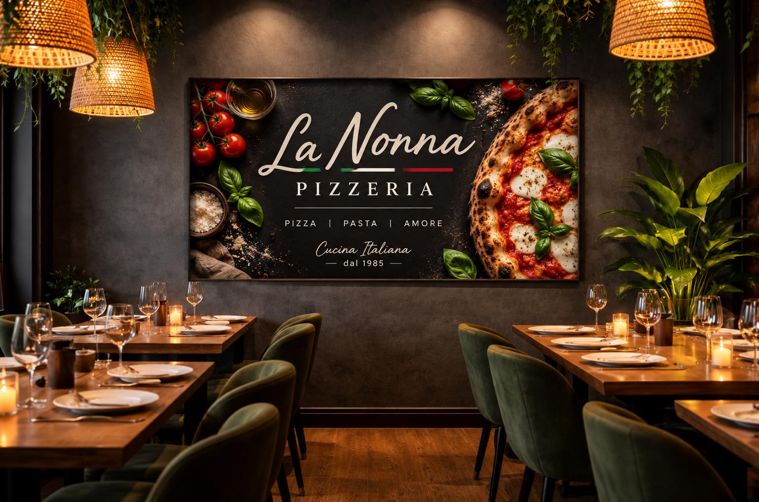 Support publicitaire mural grand format dans un restaurant